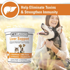 Vet Classics Liver Support bottle label close-up showing B-vitamins and milk thistle blend for liver health.