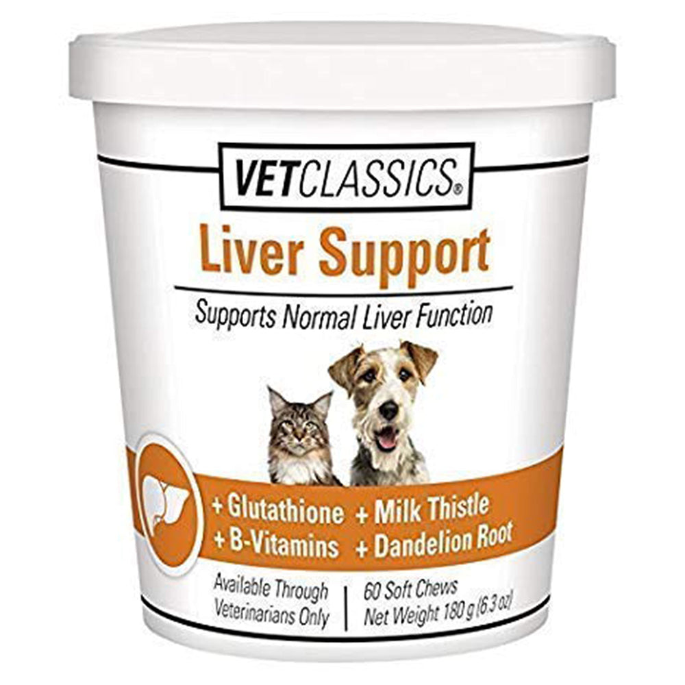 Vet Classics Liver Support soft chews bottle, palatable supplement to support liver health in dogs and cats.