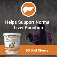Vet Classics Liver Support soft chews pour bottle, convenient on-the-go support for pet health.