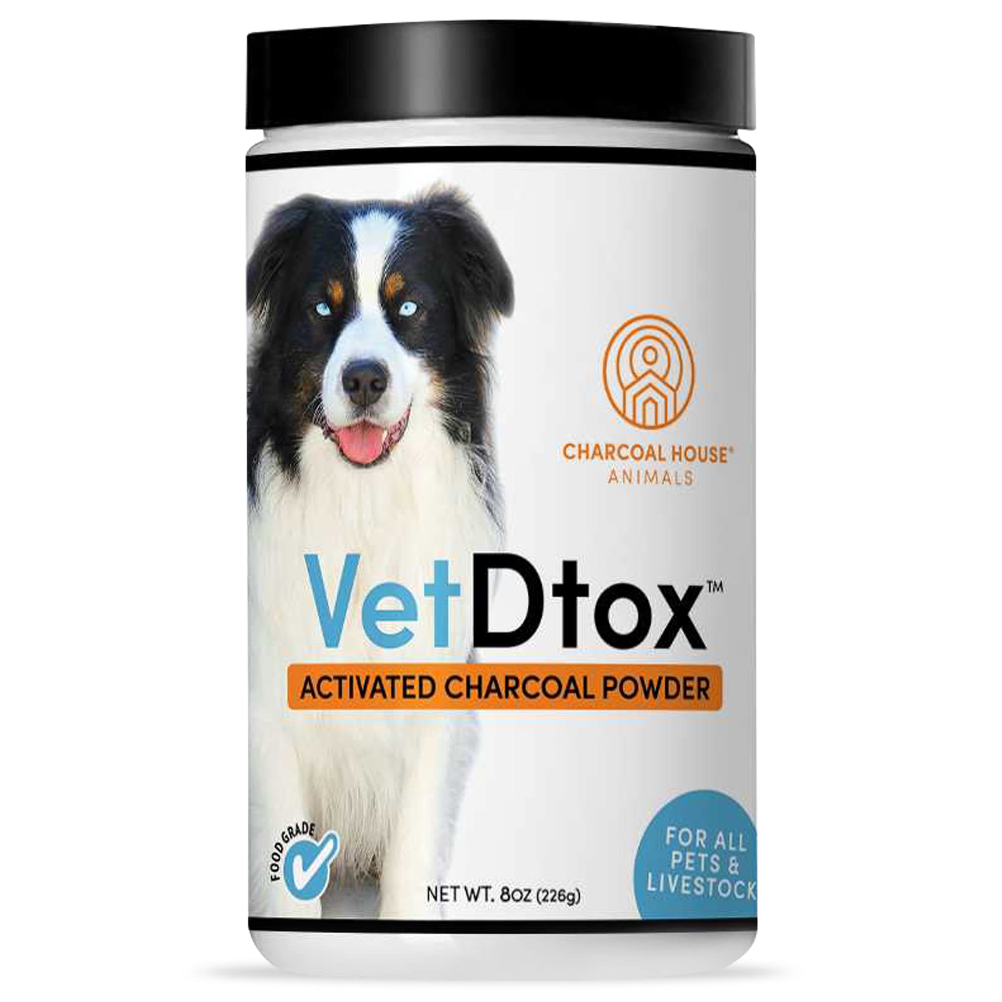 VetDtox activated charcoal powder bottle label for animal gut support.