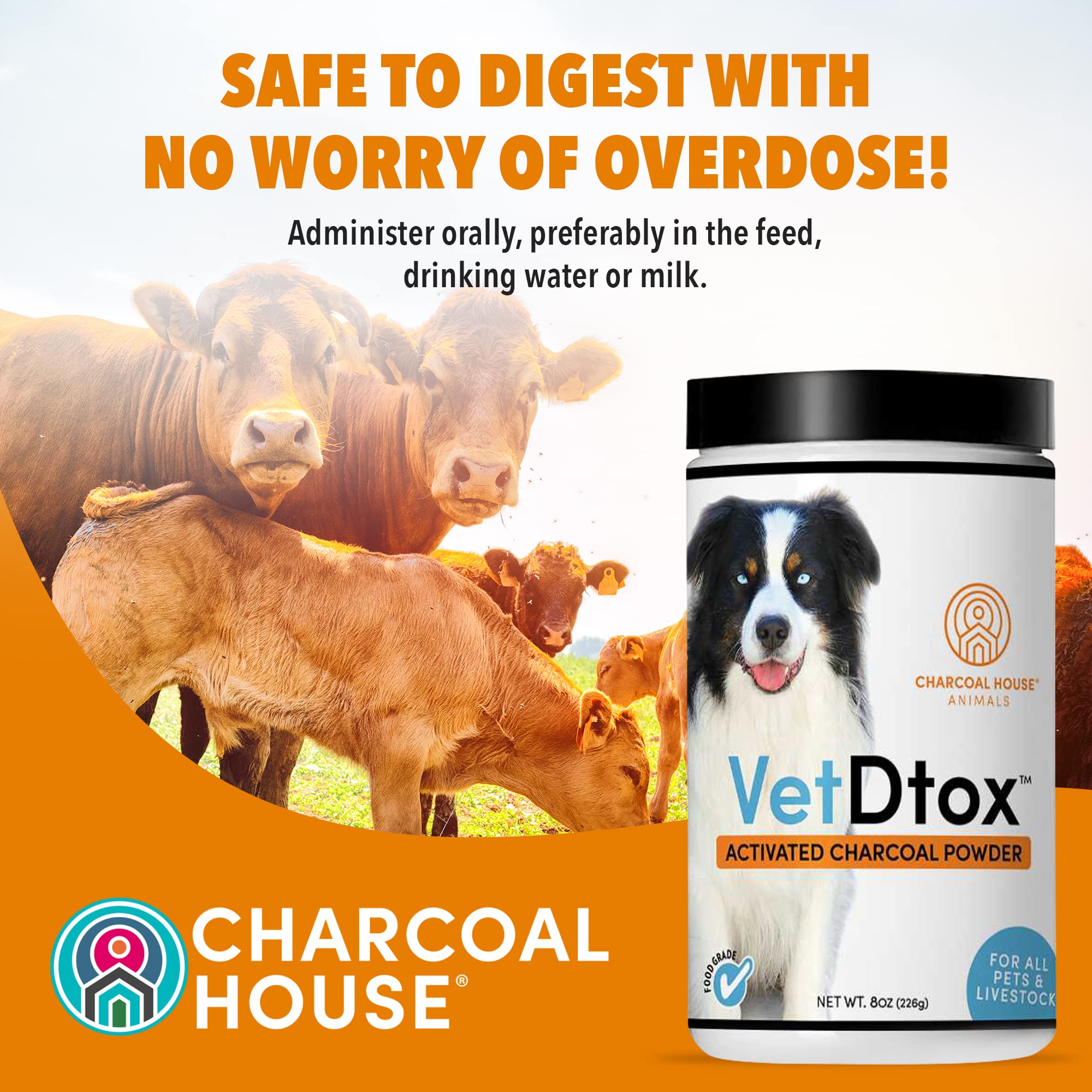 VetDtox charcoal powder used with poultry feed for diarrhea control.