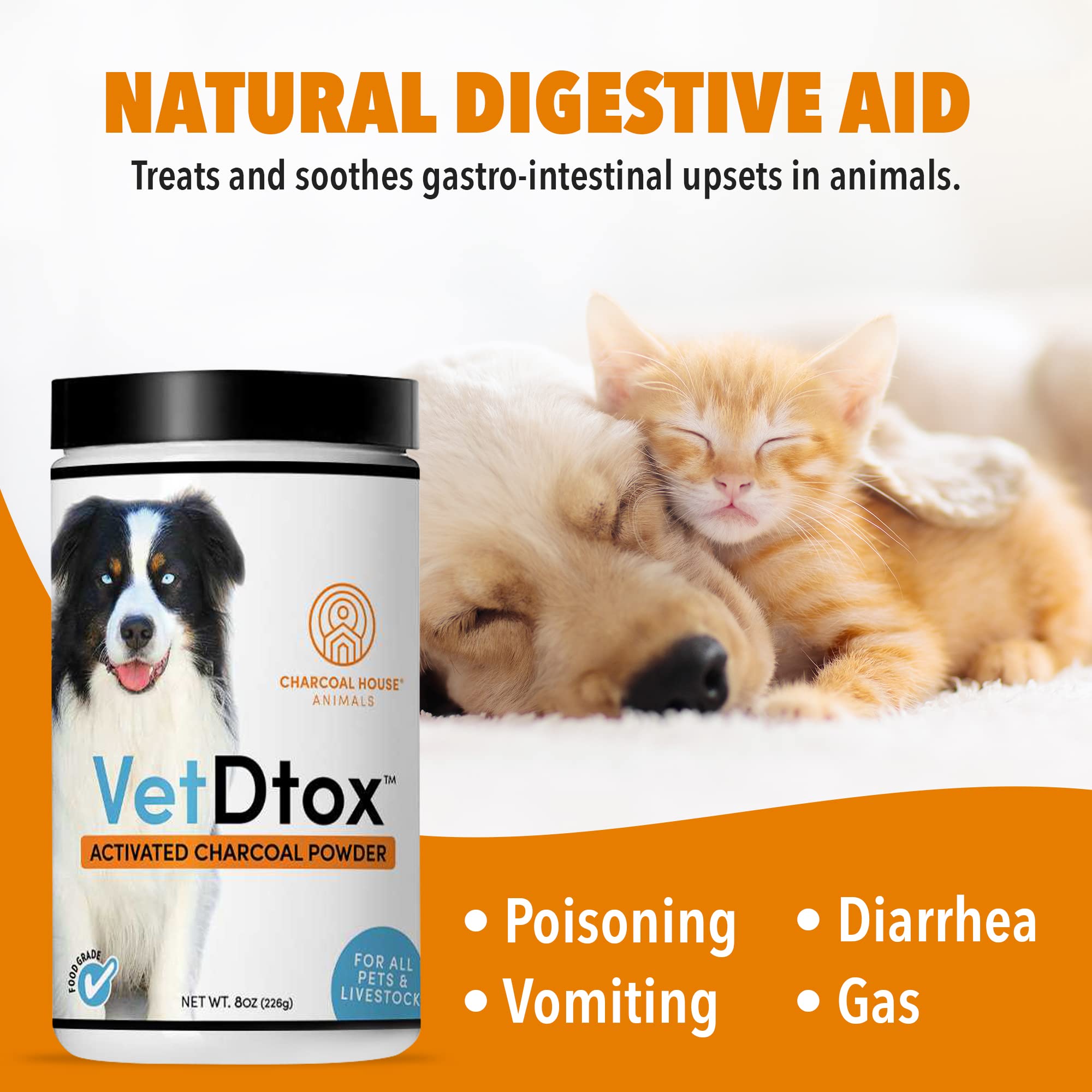 VetDtox charcoal powder poured into dish for easy administration.