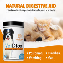 VetDtox charcoal powder poured into dish for easy administration.