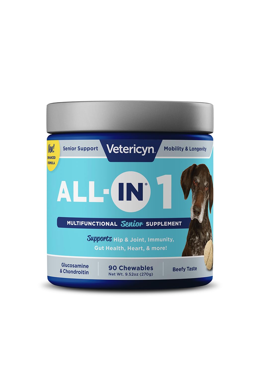 Vetericyn All-in-1 senior dog supplement bottle front for daily joint support