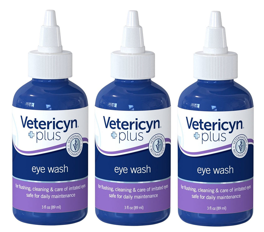 Vetericyn Plus All Animal Eye Wash bottle pour showing gentle cleansing for irritated eyes.
