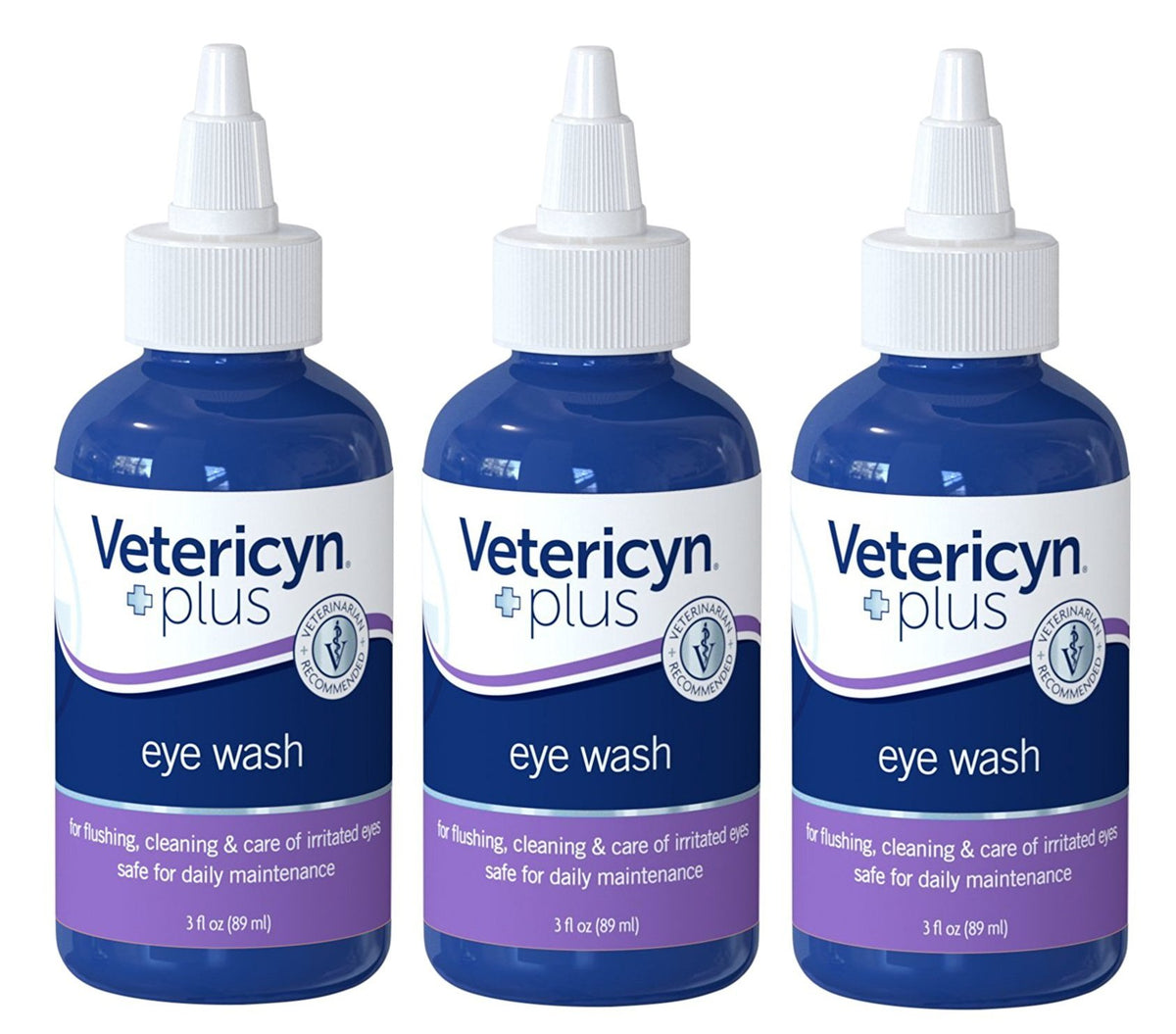 Vetericyn Plus All Animal Eye Wash bottle pour showing gentle cleansing for irritated eyes.