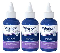 Vetericyn Plus All Animal Eye Wash bottle pour showing gentle cleansing for irritated eyes.