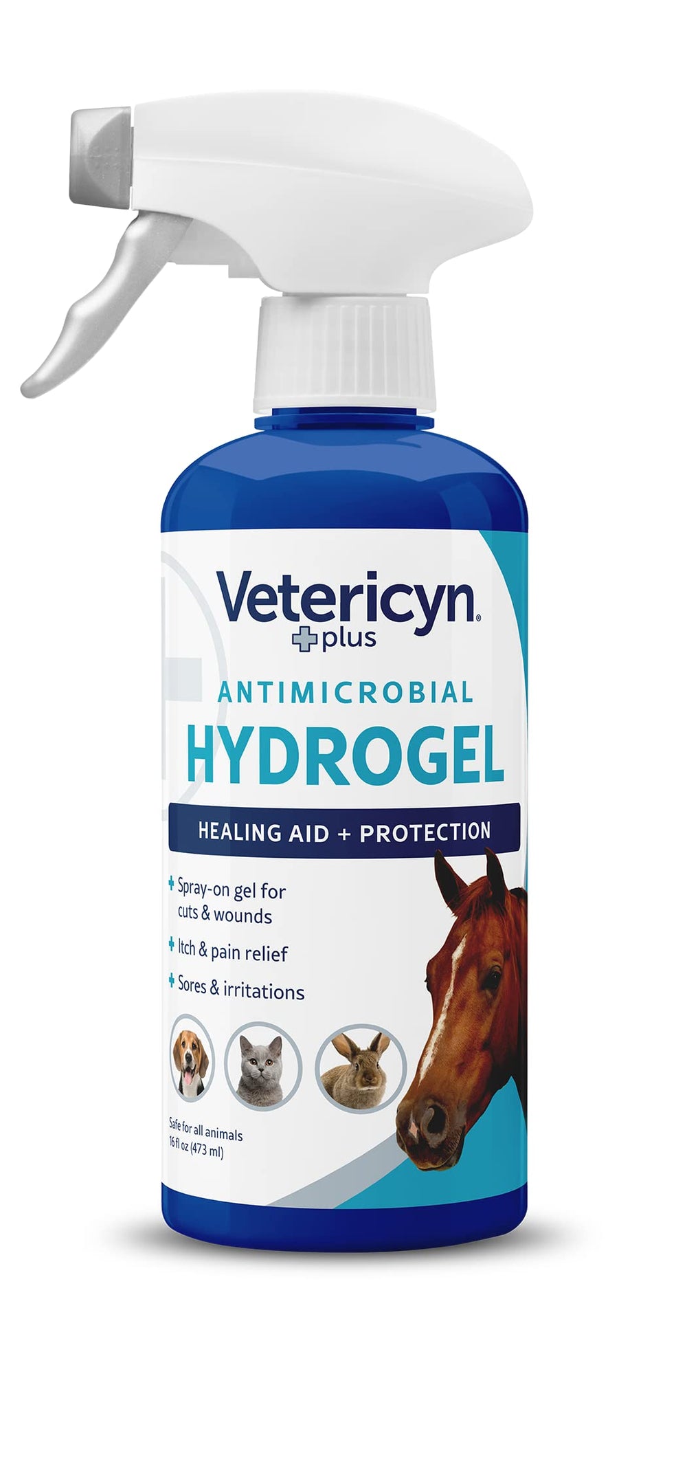 Vetericyn Plus hydrogel spray bottle applies wound care to a paw for protection.