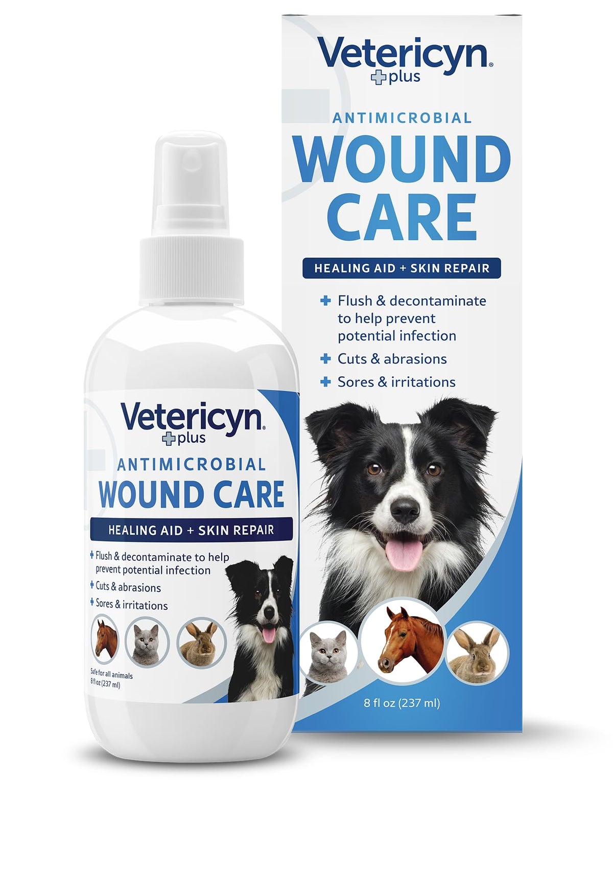 Vetericyn Plus dog wound care spray bottle for quick, non-irritating wound cleansing.
