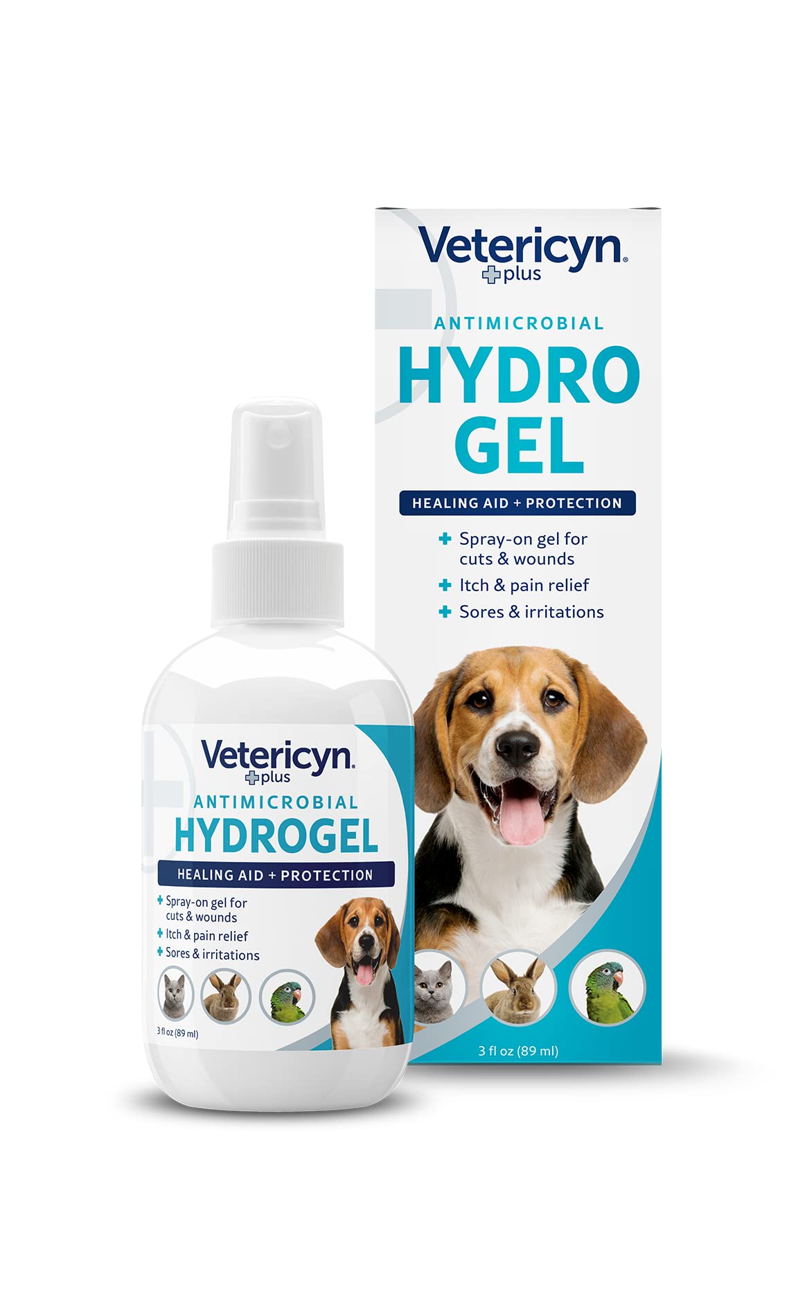 Vetericyn Plus dog wound hydrogel spray front view for easy application and quick relief.
