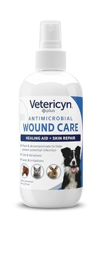 Vetericyn Plus wound spray applied on a dog's paw for quick cleaning and relief.