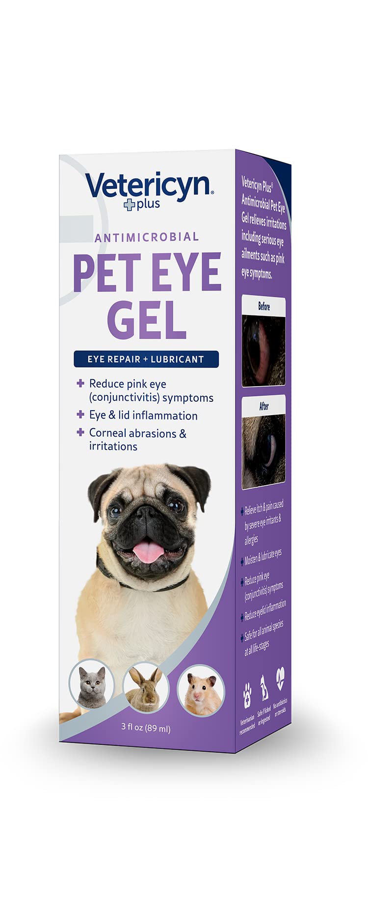Closeup of clear Vetericyn Plus Eye Gel on eye area for gentle healing.