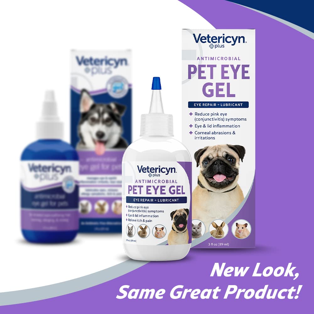 Label closeup of Vetericyn Plus Eye Gel emphasizing safety and pH-balanced formula.