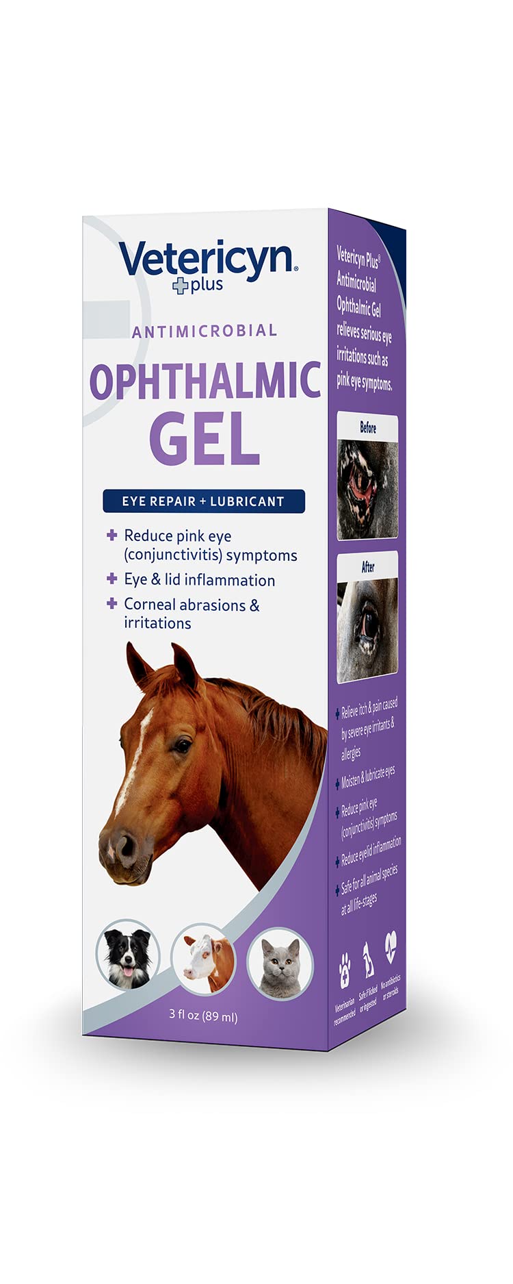 Vetericyn Plus Eye Gel safe-for-all-animals description highlights antibiotic-free formula for routine care