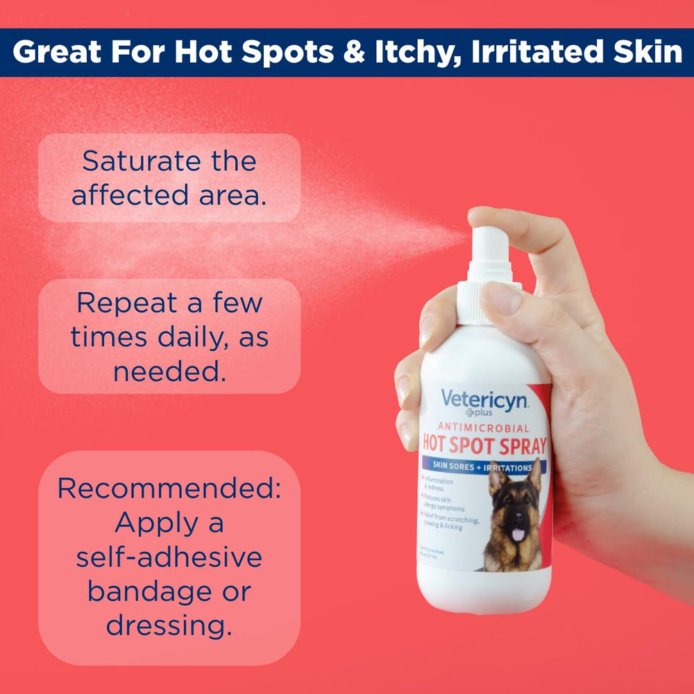 Vetericyn Plus Hot Spot Spray mist over irritated skin suggests relief.