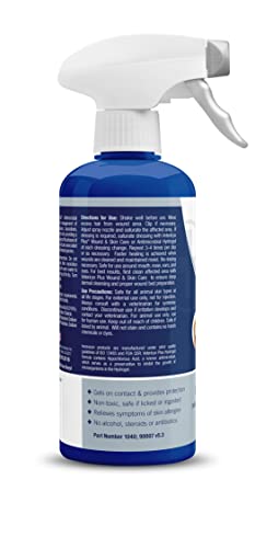 Close-up of Vetericyn Plus spray on skin for quick irritation relief.