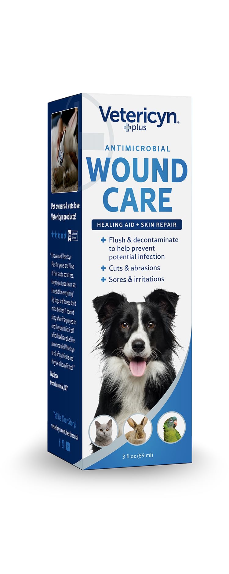 Vetericyn Plus hypochlorous technology close-up emphasizes non-toxic, pH-balanced wound care.