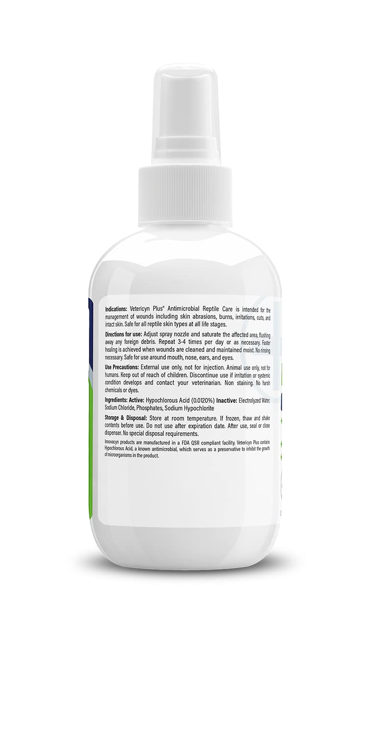 Vetericyn Plus reptile wound care spray closeup demonstrates safe eye-safe application.