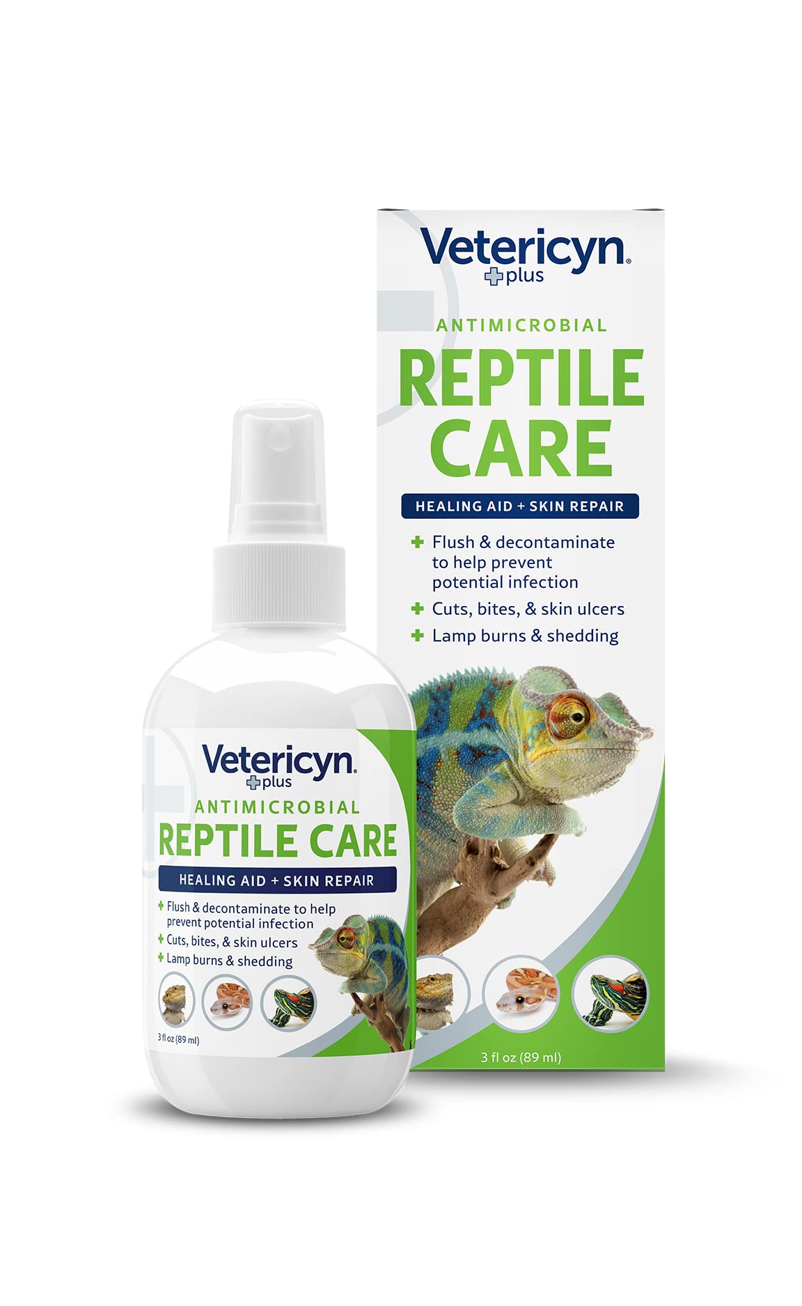 Vetericyn Plus reptile wound care spray bottle front for first-aid skin treatment.