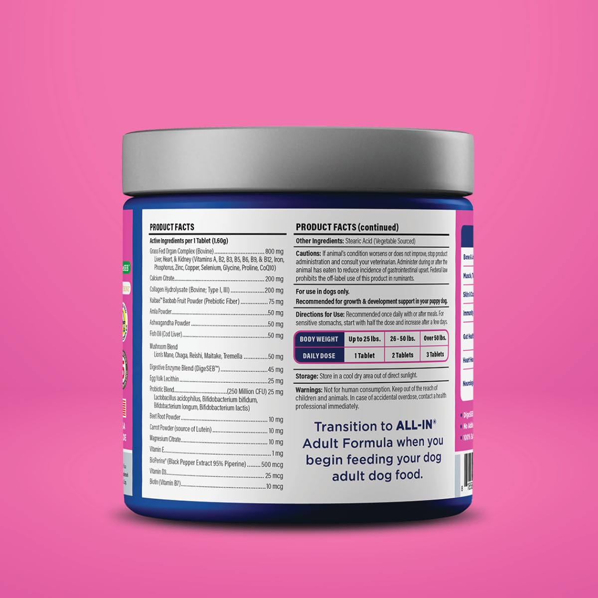 Vetericyn puppy supplement bottle-in-use beside a playful puppy for convenient daily nutrition.