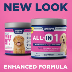 Vetericyn puppy supplement label closeup highlights natural ingredients and no artificial fillers.