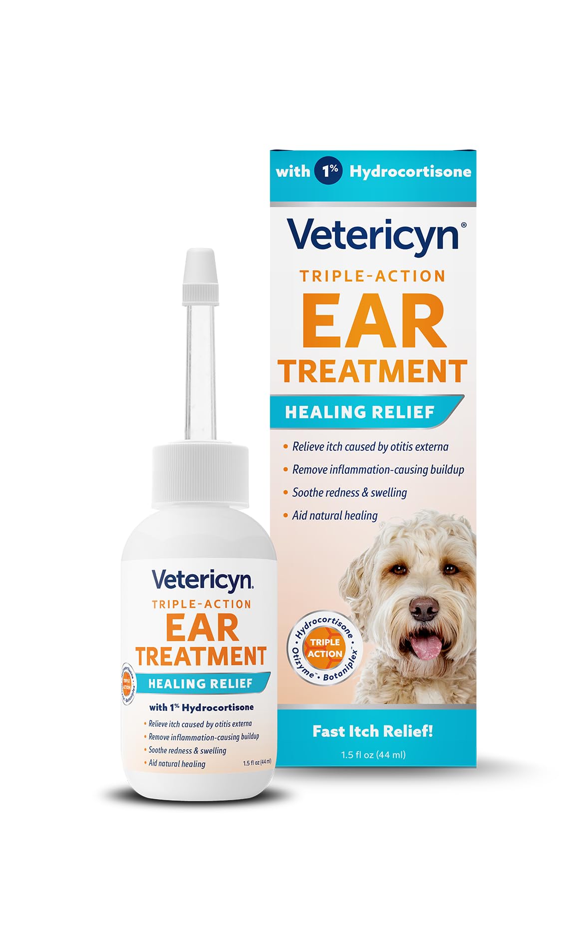 Vetericyn Triple-Action Ear Treatment bottle front offers fast relief for itchy ears.