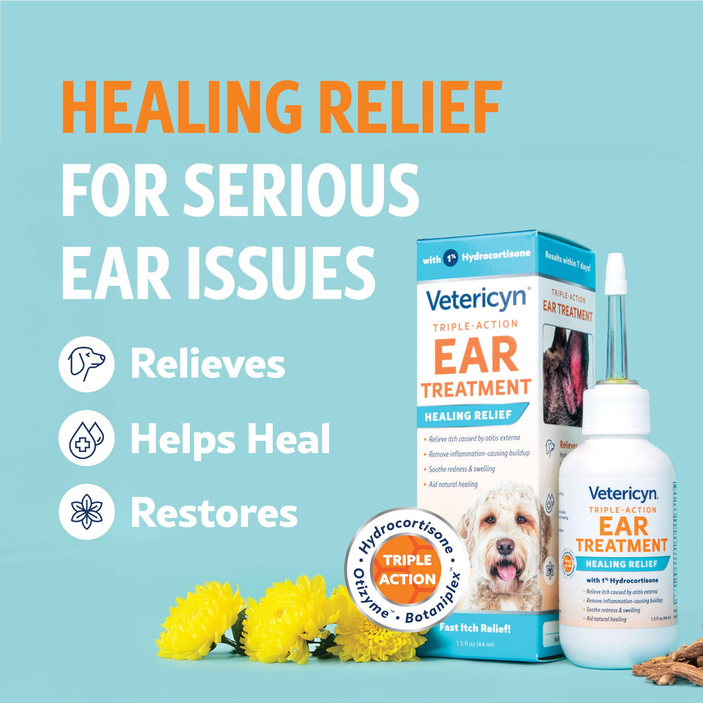 Vetericyn-triple-action-ear-treatment-label-closeup shows botaniplex-powered extracts for ear care.
