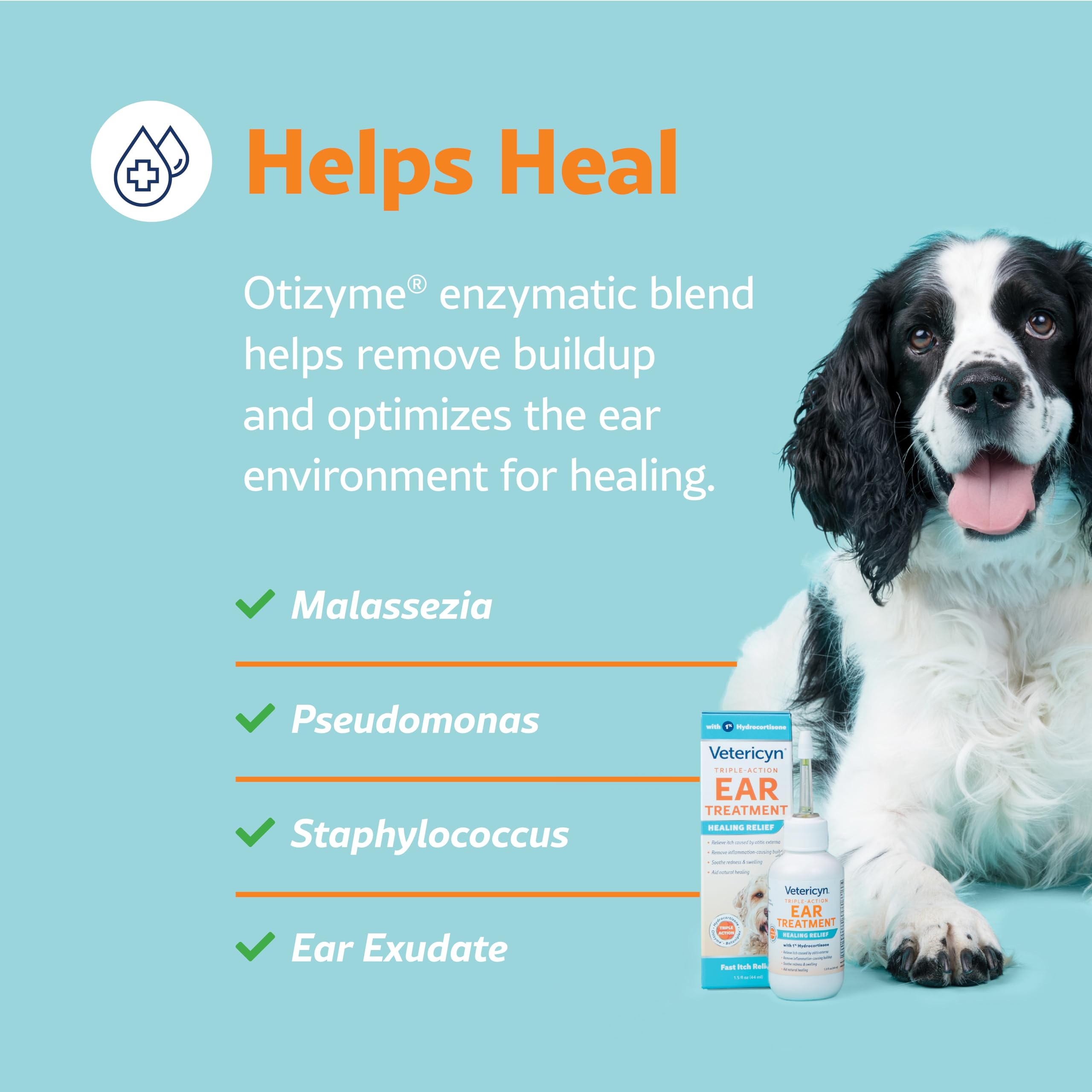 Vetericyn-triple-action-ear-treatment-otizyme-closeup highlights enzymatic cleansing support.