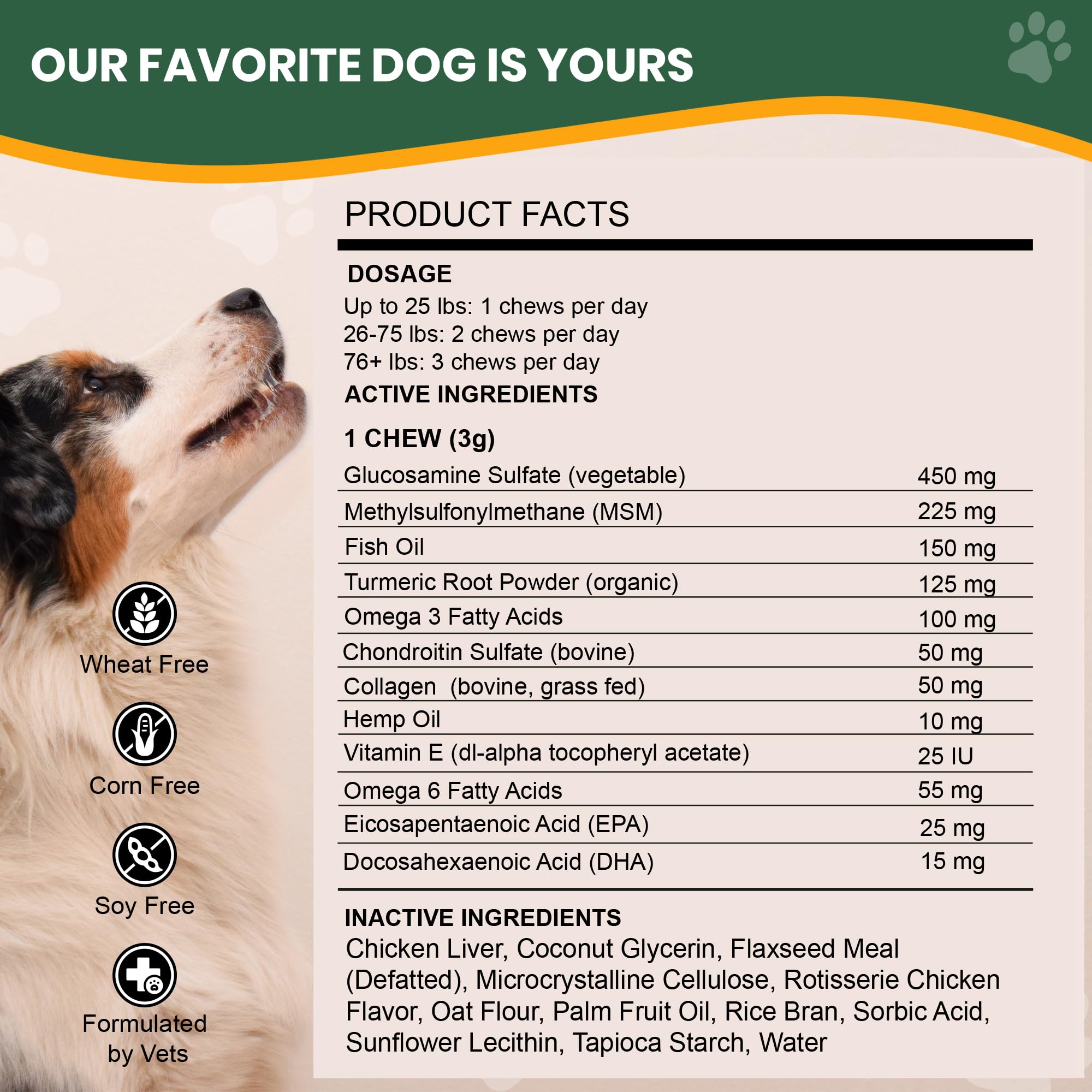 Veterinary Naturals chew ingredients including glucosamine and chondroitin for joints.