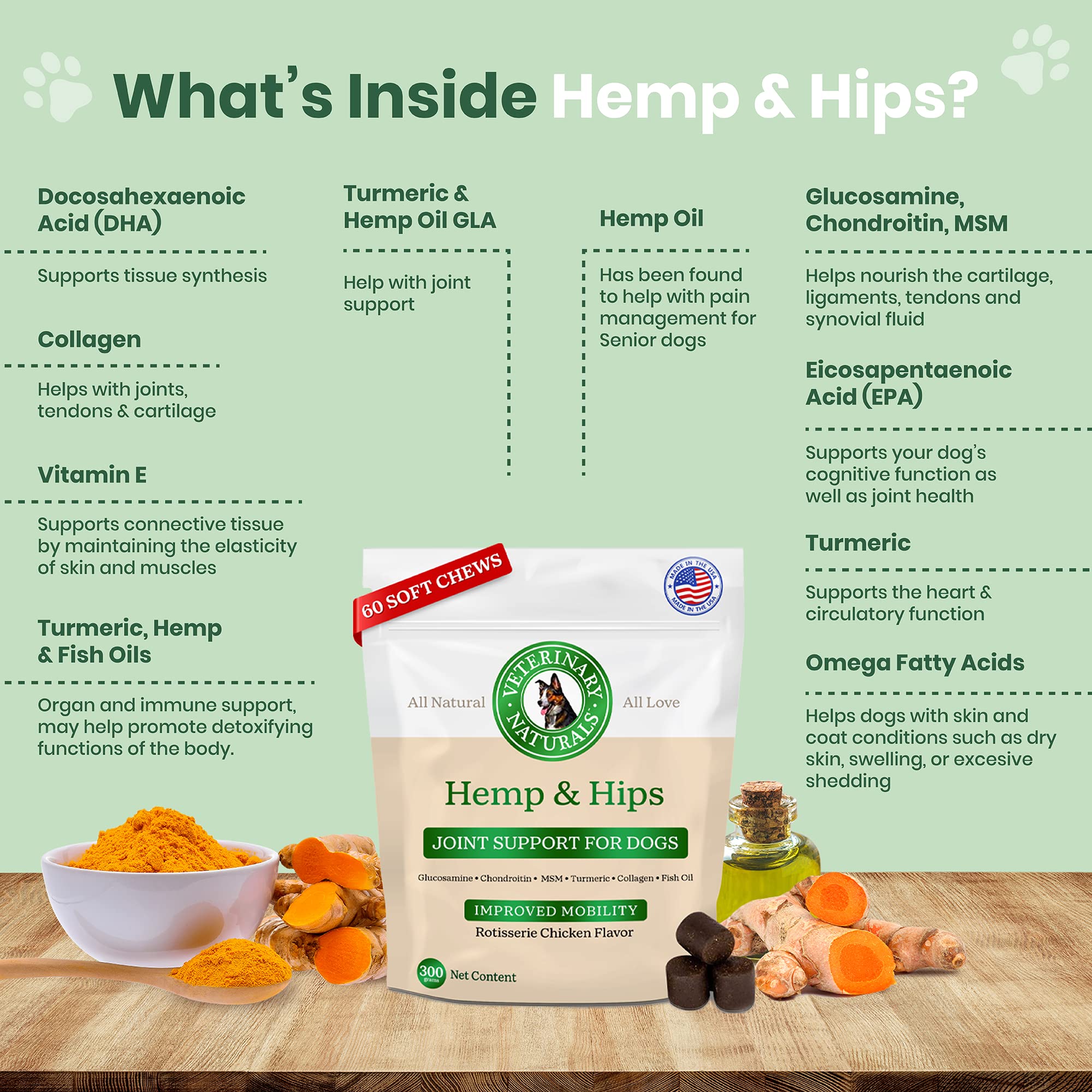 Veterinary Naturals turmeric and collagen on chews indicate tissue flexibility and mobility support.