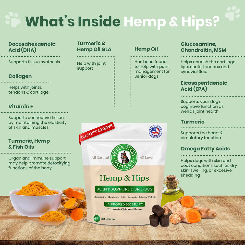 Veterinary Naturals turmeric and collagen on chews indicate tissue flexibility and mobility support.