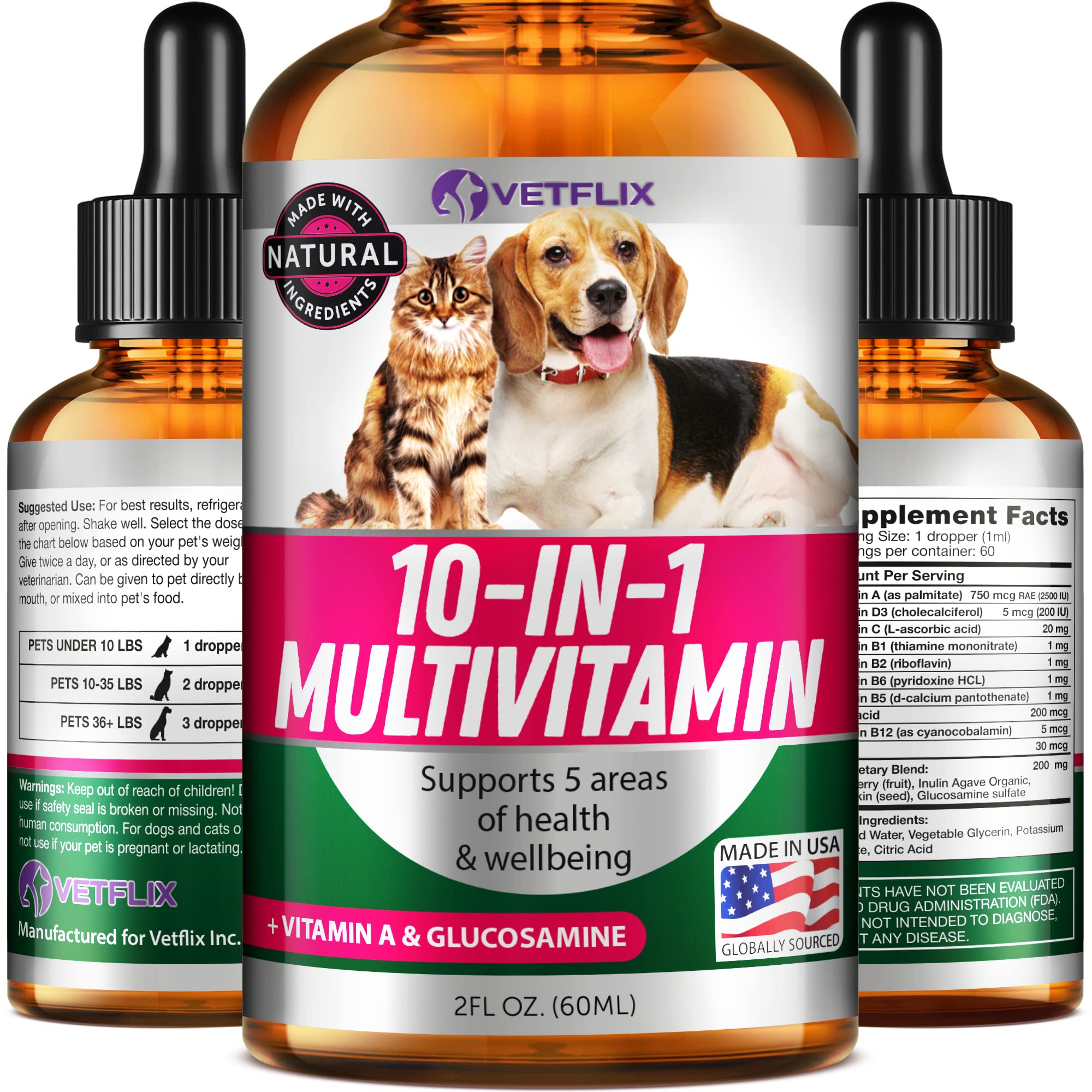 Vetflix 10-in-1 vitamins bottle front showing joint and coat support for dogs and cats.