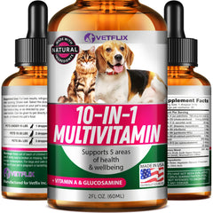 Vetflix 10-in-1 vitamins bottle front showing joint and coat support for dogs and cats.