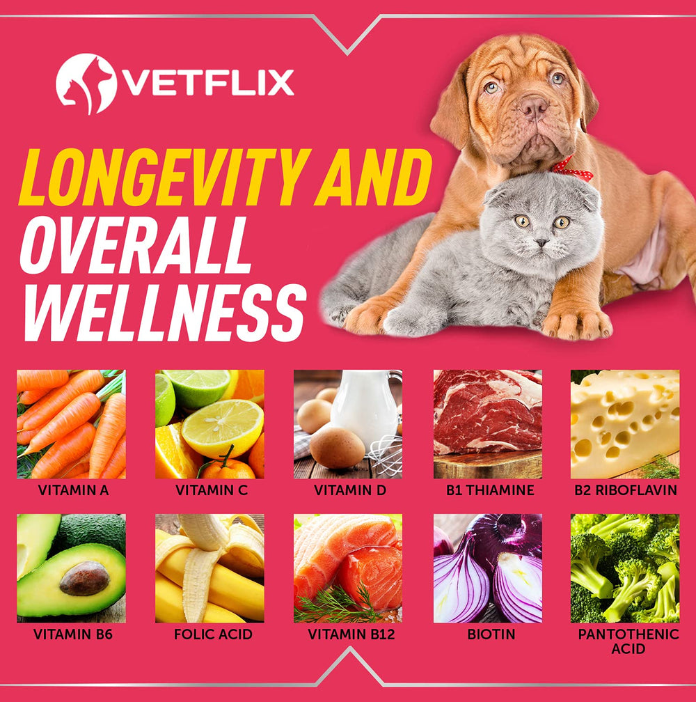 Vetflix bottle with pet fur close-up illustrates a healthier-looking coat.