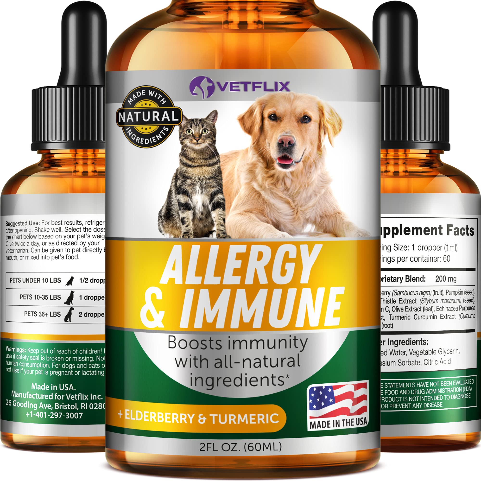 Vetflix Allergy & Immune Drops bottle closeup highlighting immune support for pets.