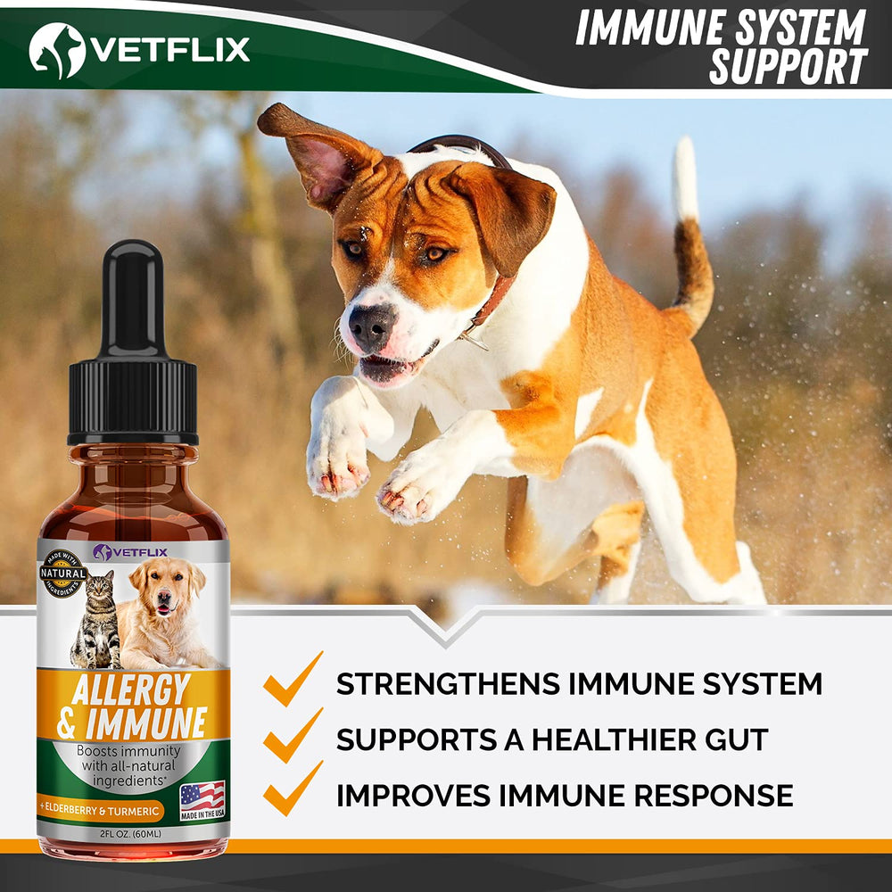 Vetflix Allergy & Immune Drops pour shot demonstrating easy dosing for seasonal relief.