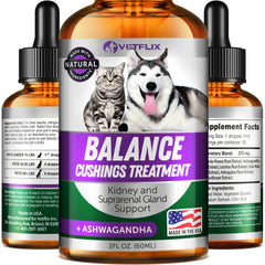 Vetflix Balance bottle pour demonstrates easy liquid dosing at mealtimes for pets.