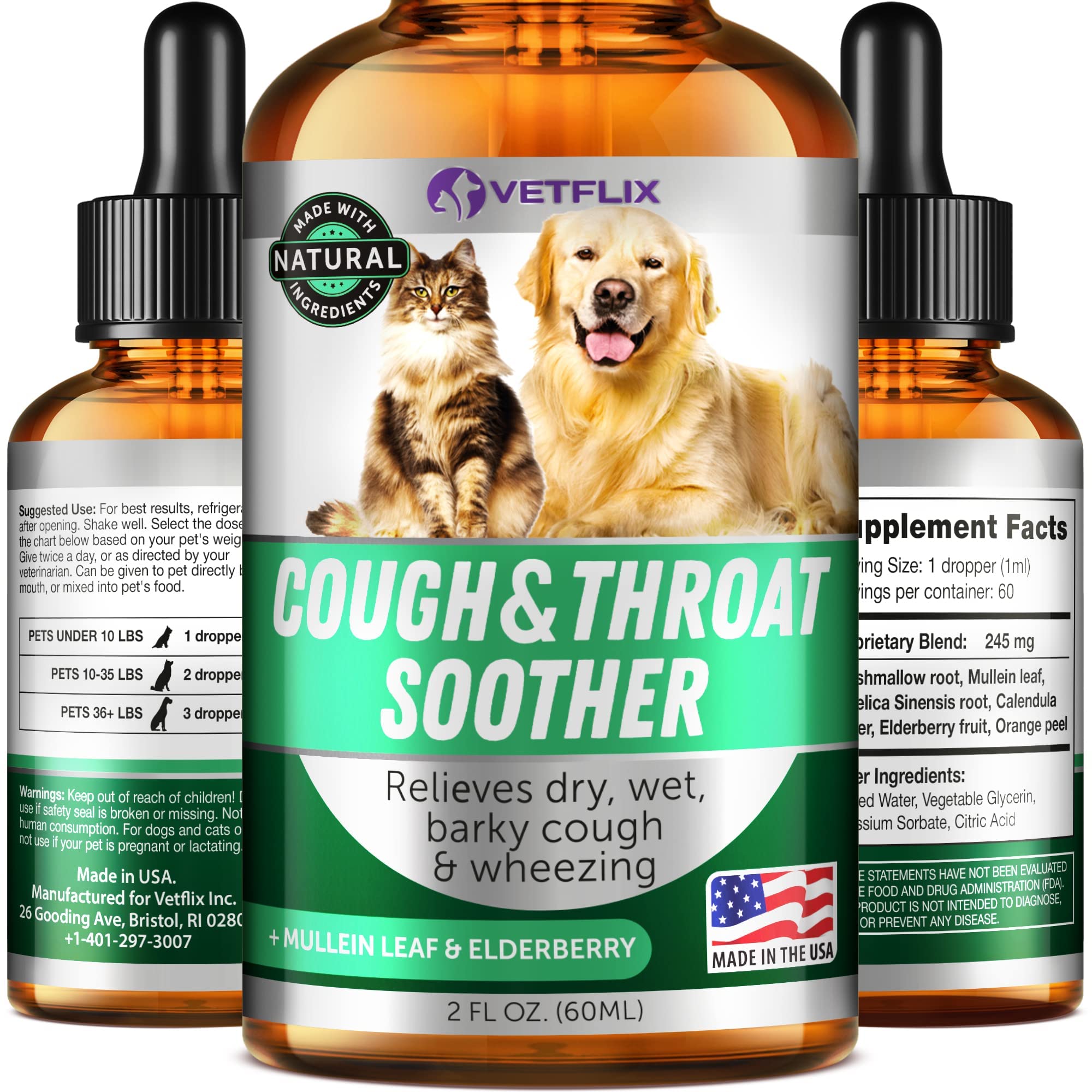 Vetflix Cough Relief bottle front showing convenience for at-home pet cough relief
