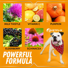 Vetflix Allergy & Immune Drops ingredients turmeric and milk thistle highlight natural herbal support.