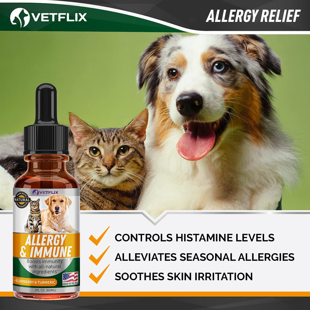 Vetflix Allergy & Immune Drops for small dogs shows simple daily dosing.