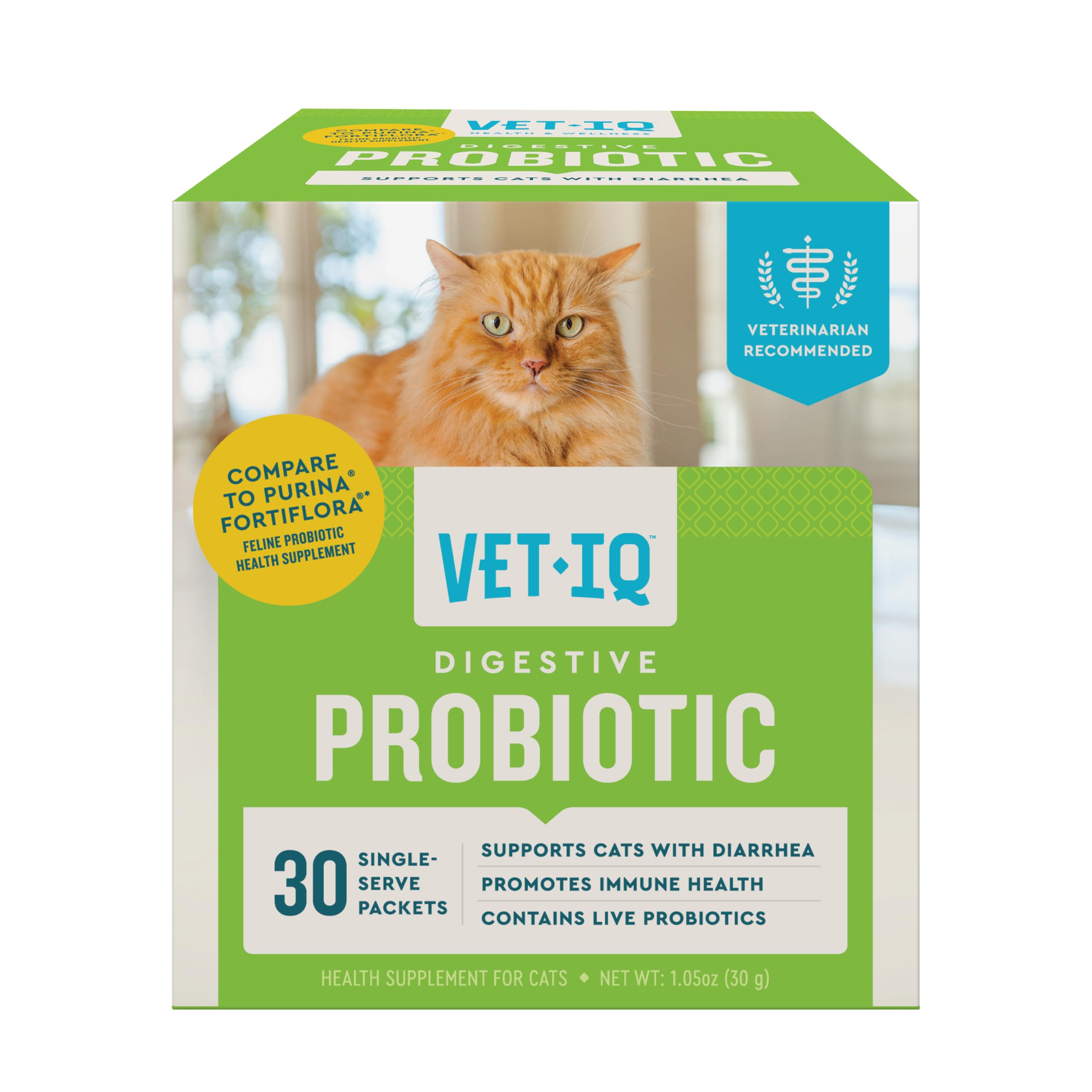 VetIQ Cat Probiotic Powder single-serve packets for easy daily digestive support.
