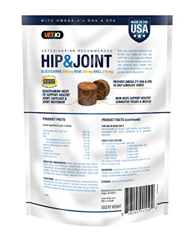 VetIQ Hip & Joint soft chews serving shows daily dose for mobility support.