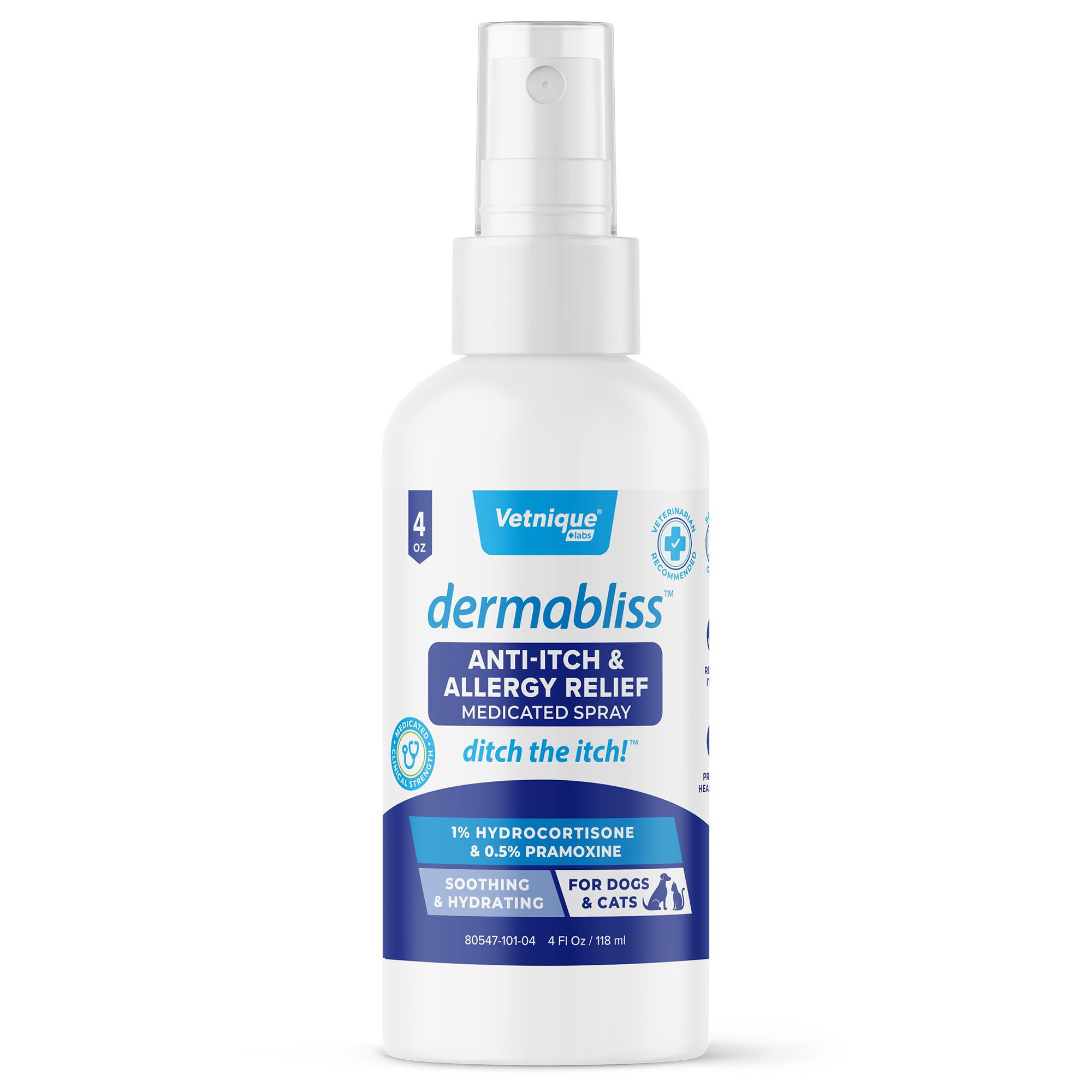Vetnique Dermabliss anti-itch spray bottle for dogs and cats provides on-contact itch relief.