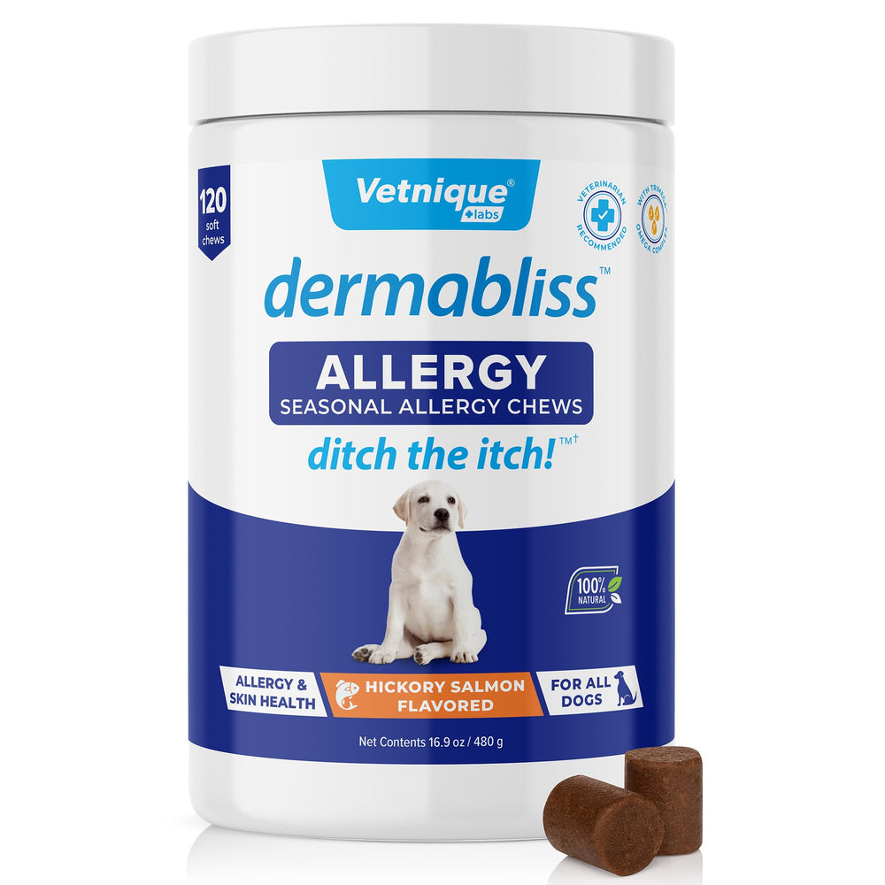 Vetnique Dermabliss bottle-front showing vet-recommended allergy support for dogs