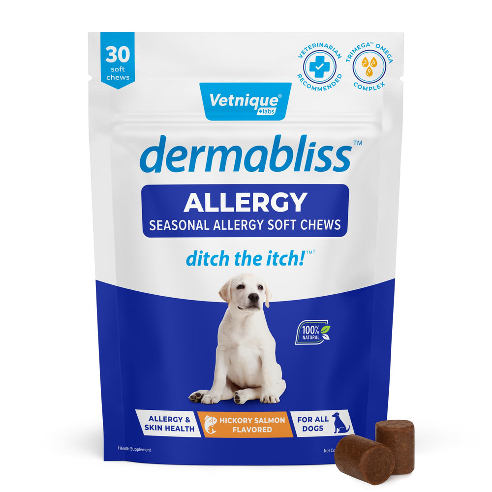 Vetnique Dermabliss dog bottle, vet-approved supplement for itchy skin relief and immune support.