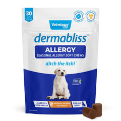 Vetnique Dermabliss dog bottle, vet-approved supplement for itchy skin relief and immune support.