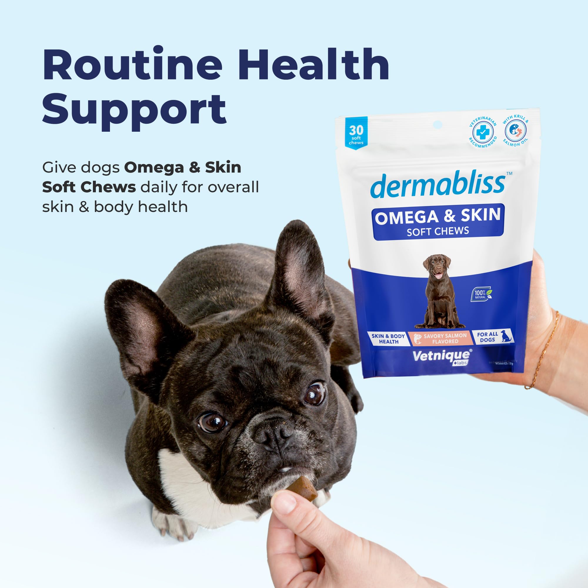 Dog bowl with Dermabliss chews set for a simple daily treat.