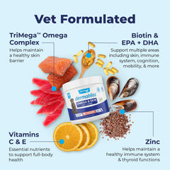 Dermabliss ingredient icons highlight Vetnique Biotin DHA EPA for coat health.