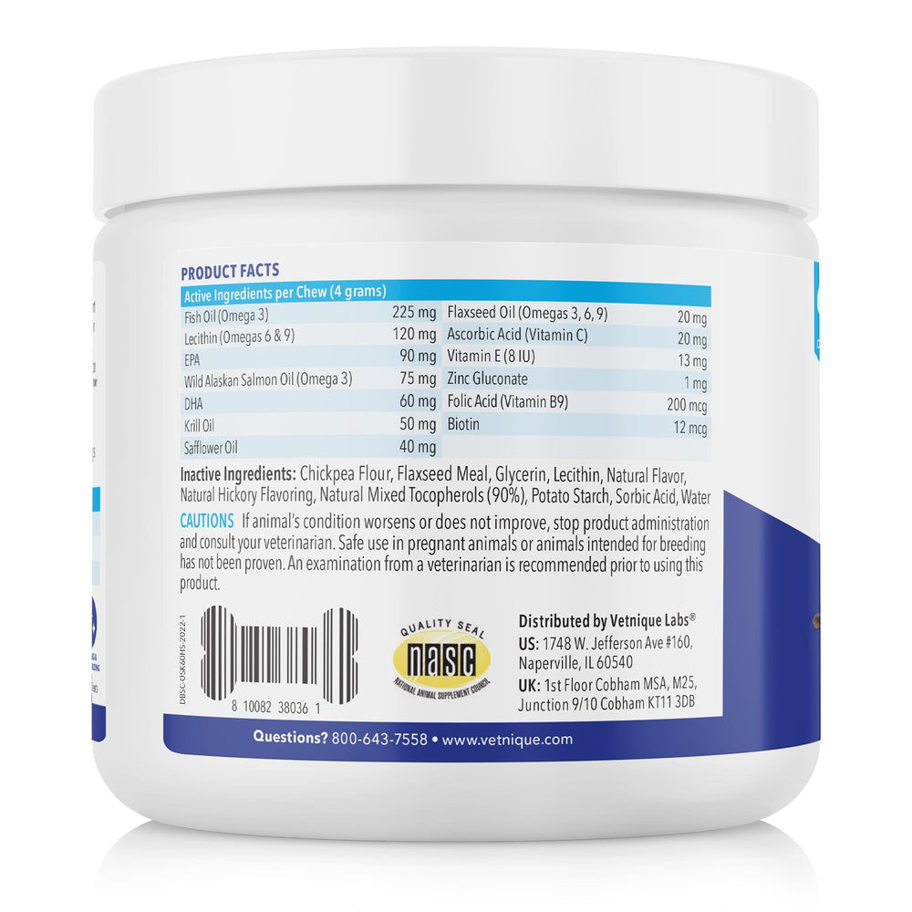 Close-up of Vetnique Dermabliss jar label highlighting omega rich formula.
