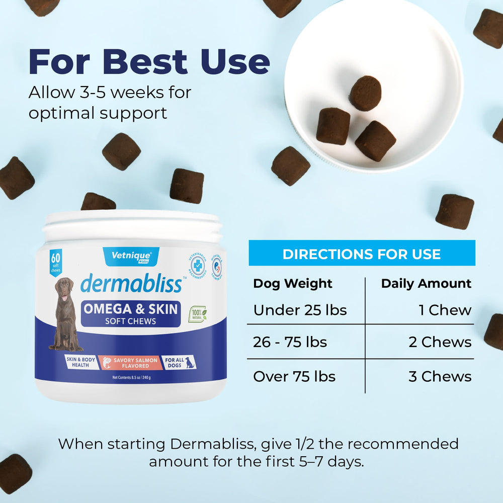 Open tub of Dermabliss chews ready for daily canine skin health routines.